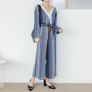 Lace-trim Ethnic-print Jumpsuit With Sash