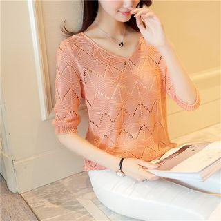 Pointelle Elbow-sleeve Knit Top