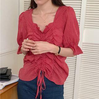 Puff-sleeve Plaid Drawstring Top