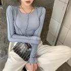 Long-sleeve Slim-fit Top Blue - One Size