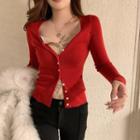 Mock Two-piece Slim-fit Cardigan Red - One Size