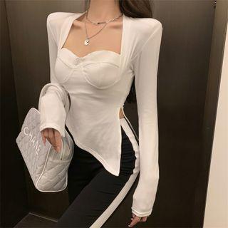 Long-sleeve Asymmetrical Slit Cropped T-shirt