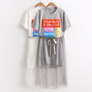 Set: Lettering Short-sleeve Long T-shirt + Mesh Skirt