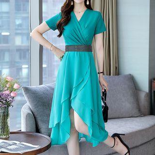 Short-sleeve Midi A-line Layered Dress