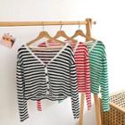 Color-block Striped Single-breasted V-neck Long-sleeve Top