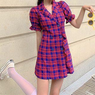 Plaid Puff-sleeve Collared Mini A-line Dress