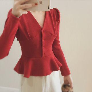 V-neck Buttoned Peplum Knit Top