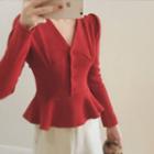 V-neck Buttoned Peplum Knit Top