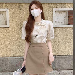 Short-sleeve Stand-collar Blouse / High-waist Slit Mini A-line Skirt