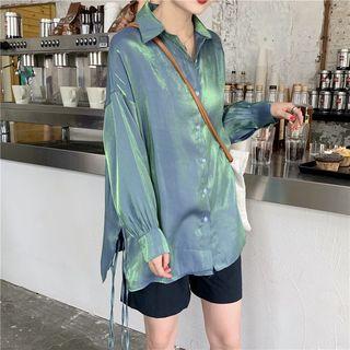 Long-sleeve Oversized Shirt Bluish Green - One Size