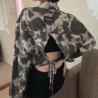 Long-sleeve Open-back Tie-dye Chiffon Top Tie-dye - Black & Gray - One Size