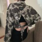 Long-sleeve Open-back Tie-dye Chiffon Top Tie-dye - Black & Gray - One Size
