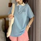 Short-sleeve Flower Embroidered Collared T-shirt
