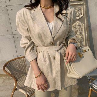 Linen Blend Blazer With Sash Light Beige - One Size