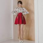 Modern Hanbok Mini Skirt In Red Burgundy - One Size