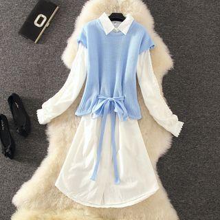 Set: Long Shirt + Cap-sleeve Tie-hem Knit Top