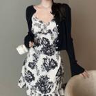 Long-sleeve Plain Cardigan / Sleeveless Floral Frill Trim Mini Sheath Dress