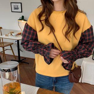 Check Panel Sleeve Fleece-lining Sweatshirt As Shown In Figure - One Size