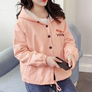 Fish Bone Print Hooded Button Jacket