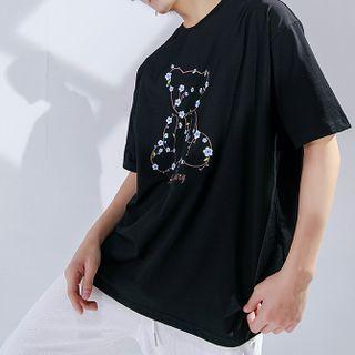 Bear & Floral Embroidered Oversized Tee