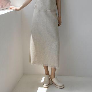 Fringe-hem Maxi A-line Skirt Oatmeal - One Size