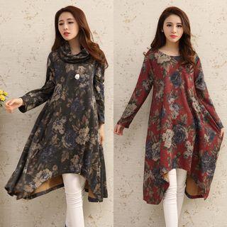 Floral Print Cowl Neck Long-sleeve Dress
