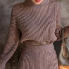 Set: Mock-neck Rib-knit Top + Pencil Skirt