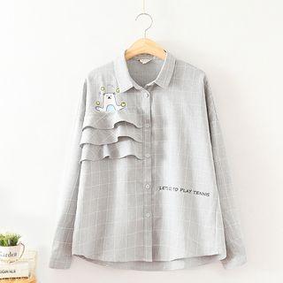 Print Frilled Plaid Long-sleeve Blouse