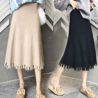 Fringed Hem Midi Knit Skirt