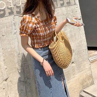 Puff-sleeve Plaid Shirred Crop Top / Denim A-line Midi Skirt / Set
