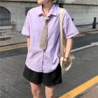 Short-sleeve Plain Shirt With Plaid Tie