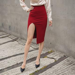 Deep-slit Asymmetric-hem Pencil Skirt