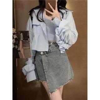 Ruffled Shirt / Ribbed Knit Camisole Top / Asymmetrical Denim Skort