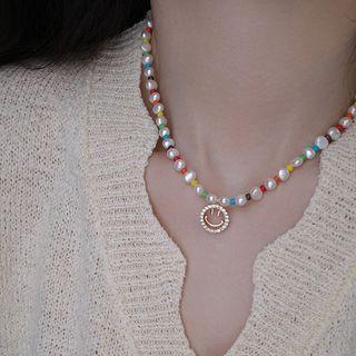 Smiley Rhinestone Pendant Faux Pearl Bead Necklace 1 Pair - Necklace - Blue & Green & Yellow - One Size