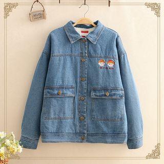 Cartoon Embroidered Fleece-lined Denim Jacket