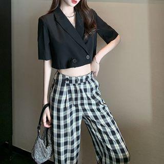 Plaid Wide Leg Pants / Short-sleeve Crop Shirt