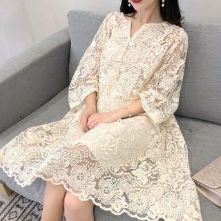 See-through Mesh Embroidered Loose-fit Lace Dress