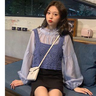 Crochet Knit Camisole Top / Mock-neck Lantern-sleeve Blouse