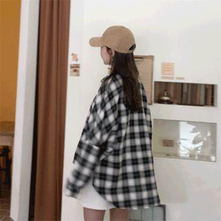 Dip-back Dolman-sleeve Plaid Shirt Green - One Size