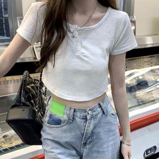 Short-sleeve Henley Cropped T-shirt White - One Size