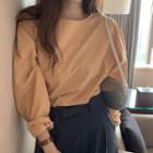 Long-sleeve Round Neck Plain Loose Fit Blouse