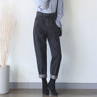 High-waist Pintuck-trim Tapered Jeans