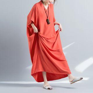 Plain Elbow-sleeve Loose-fit Maxi Shift Dress