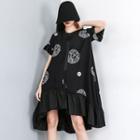 Short-sleeve Ruffled Pattern Dress Black - One Size