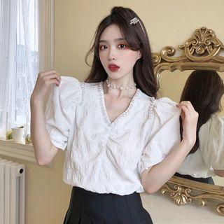 Puff-sleeve V-neck Faux Pearl Ruched Shirt