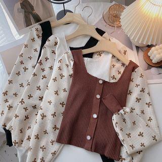 Long-sleeve Square-neck Floral Knit Top