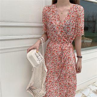 Short-sleeve Floral Midi Wrap Dress As Shown In Figure - One Size