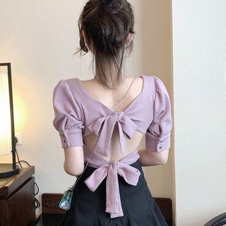 Short-sleeve Tie-back Top Light Purple - One Size