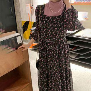Floral Long-sleeve A-line Chiffon Dress Mauve Floral - Black - One Size