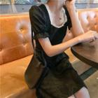 Puff-sleeve Textured Lace Trim A-line Dress